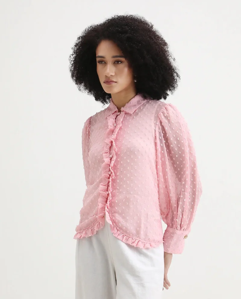 Rareism Women's Collared Top With Ruffle Detail
