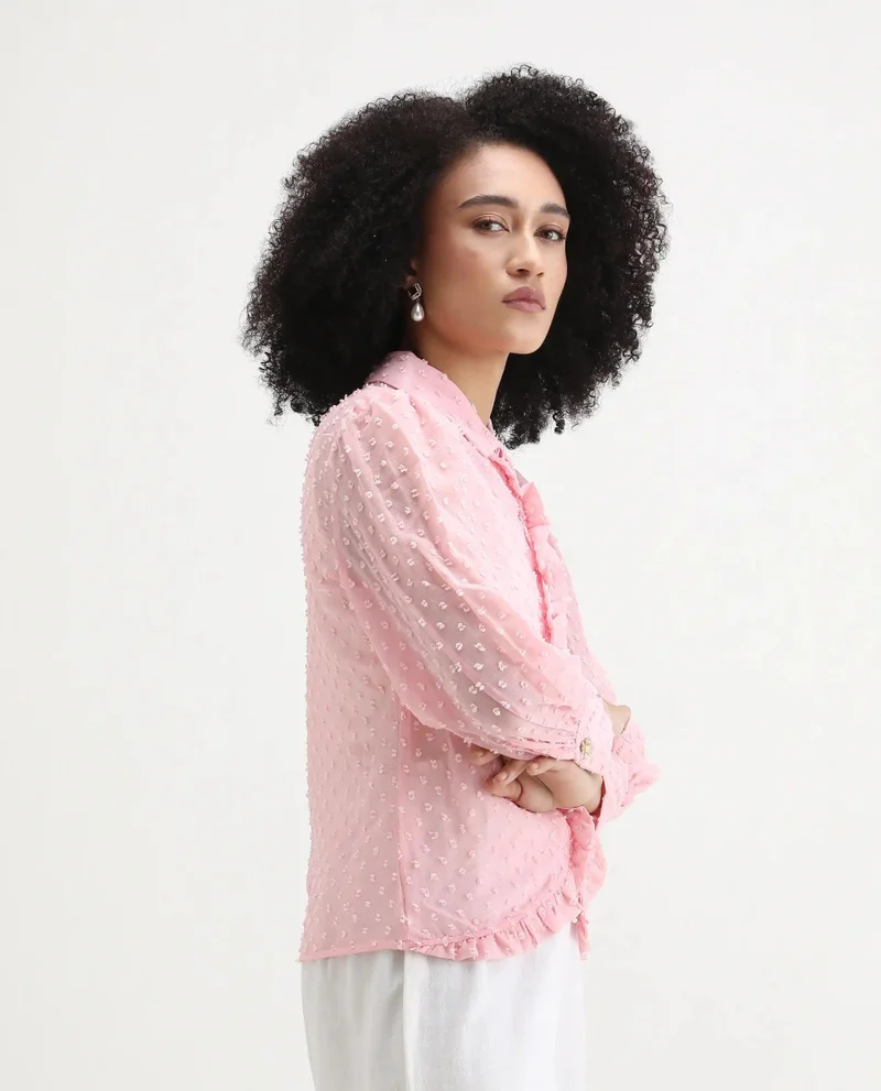 Rareism Women's Collared Top With Ruffle Detail