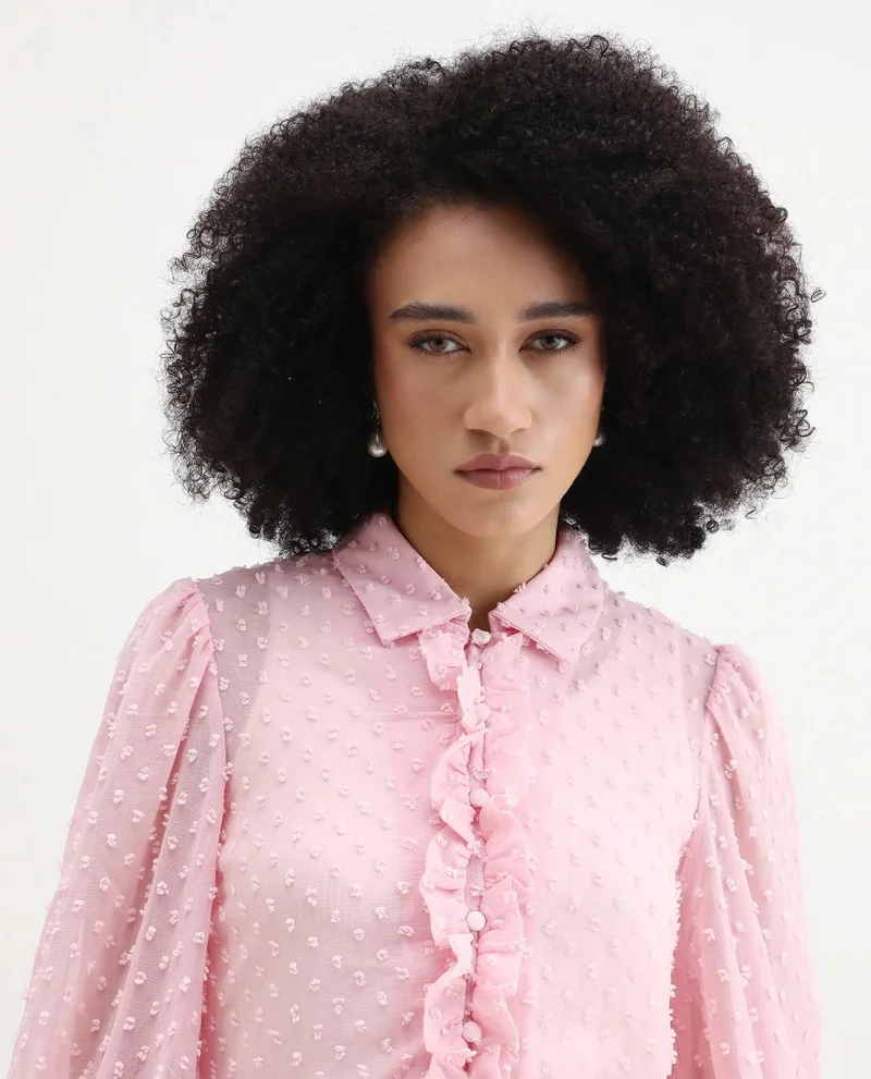 Rareism Women's Collared Top With Ruffle Detail