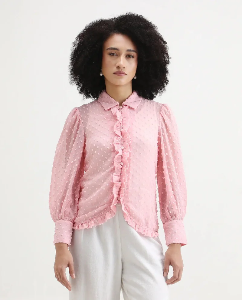 Rareism Women's Collared Top With Ruffle Detail