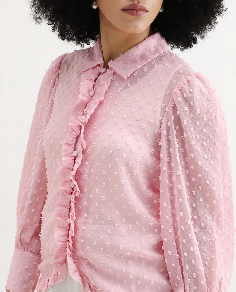Rareism Women's Collared Top With Ruffle Detail