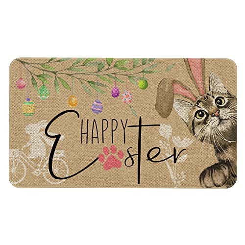 Roszwtit Happy Easter Door Mat 30 X 17 Inch Easter Cat Bunny Doormat Indoor Outdoor Entrance Floor Rug Non Slip Spring Easter Decor Low Profile Welcome Mats - Image 1