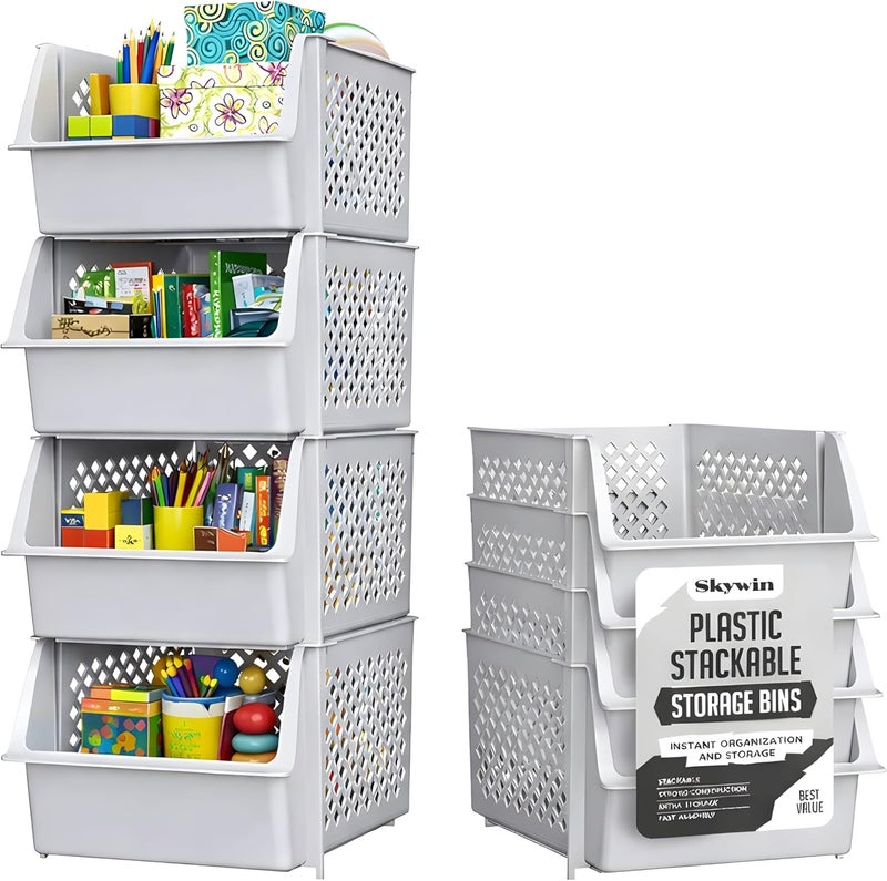 Skywin TidyFriend 4 Pack Stackable Storage Bins Open Front for Pantry Organizers and Storage, Pantry Storage for Food, Kitchen and Home Organization, Plastic Storage Bins, Dorm Room Essentials (Light Grey) - Image 1