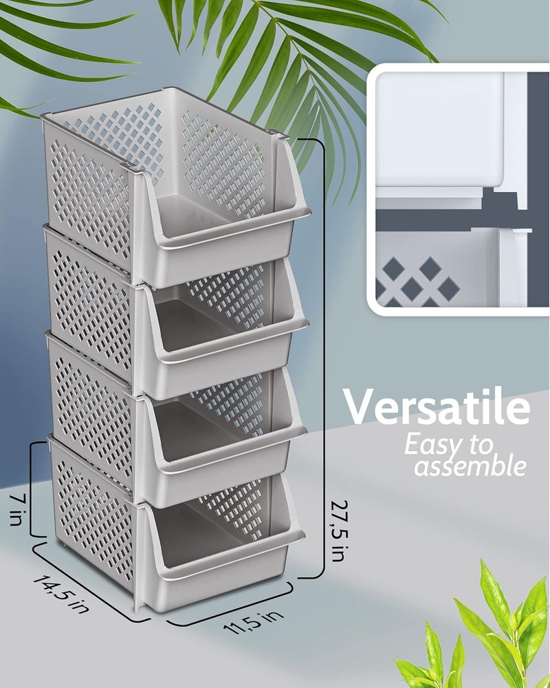 Skywin TidyFriend 4 Pack Stackable Storage Bins Open Front for Pantry Organizers and Storage, Pantry Storage for Food, Kitchen and Home Organization, Plastic Storage Bins, Dorm Room Essentials (Light Grey) - Image 2