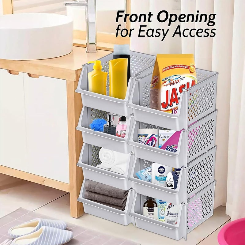 Skywin TidyFriend 4 Pack Stackable Storage Bins Open Front for Pantry Organizers and Storage, Pantry Storage for Food, Kitchen and Home Organization, Plastic Storage Bins, Dorm Room Essentials (Light Grey) - Image 4