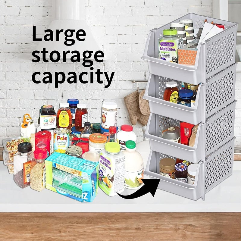Skywin TidyFriend 4 Pack Stackable Storage Bins Open Front for Pantry Organizers and Storage, Pantry Storage for Food, Kitchen and Home Organization, Plastic Storage Bins, Dorm Room Essentials (Light Grey) - Image 3