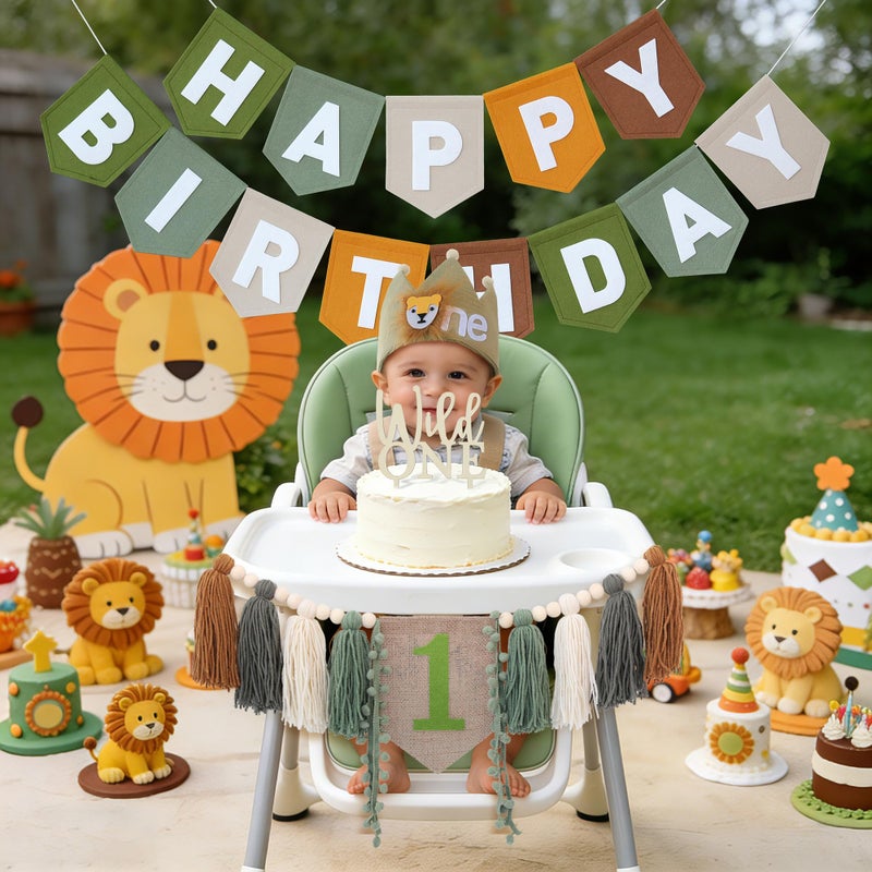 DCJHFJ Wild One High Chair Banner Brown Green Felt Happy Birthday Banner Pre-Strung Jungle Safari Birthday Party Decorations For 1st Boy Party Backdrop - Image 2