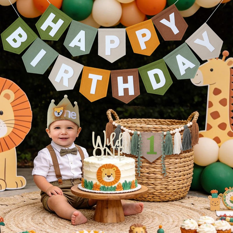 DCJHFJ Wild One High Chair Banner Brown Green Felt Happy Birthday Banner Pre-Strung Jungle Safari Birthday Party Decorations For 1st Boy Party Backdrop - Image 3