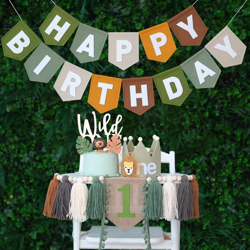 DCJHFJ Wild One High Chair Banner Brown Green Felt Happy Birthday Banner Pre-Strung Jungle Safari Birthday Party Decorations For 1st Boy Party Backdrop - Image 1