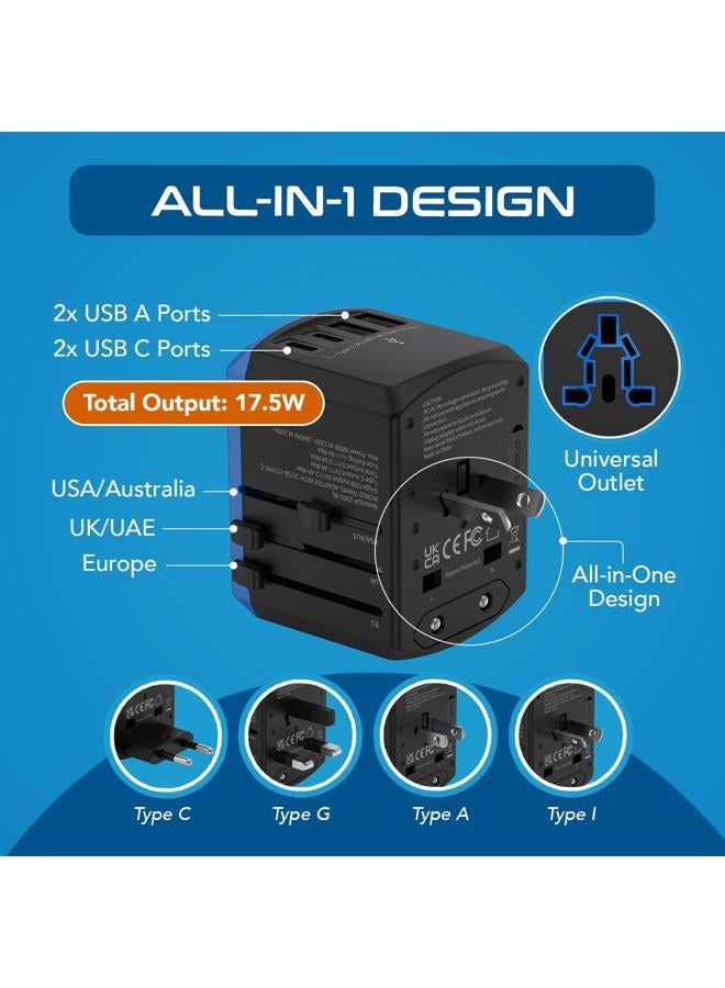 Ceptics Universal Travel Adapter, 5 in 1 Universal Laptop Charger with 2X USB-A & USB-C 3.5A for Mobiles, Laptops, Cameras US, UK, EU, AU, All in 1 Type A, C, G, I Output, - Image 3