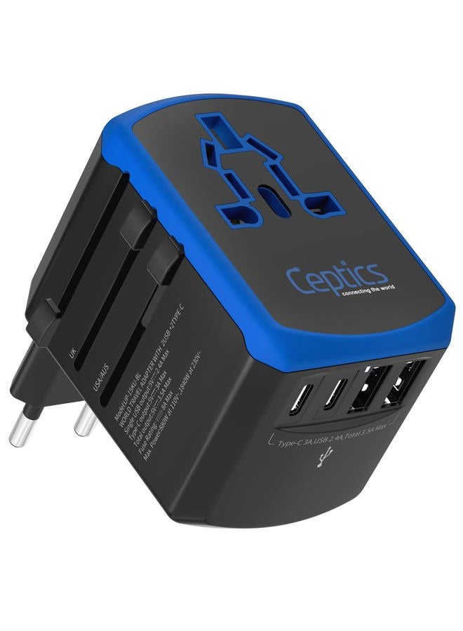 Ceptics Universal Travel Adapter, 5 in 1 Universal Laptop Charger with 2X USB-A & USB-C 3.5A for Mobiles, Laptops, Cameras US, UK, EU, AU, All in 1 Type A, C, G, I Output, - Image 1