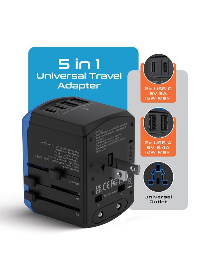 Ceptics Universal Travel Adapter, 5 in 1 Universal Laptop Charger with 2X USB-A & USB-C 3.5A for Mobiles, Laptops, Cameras US, UK, EU, AU, All in 1 Type A, C, G, I Output, - Image 2