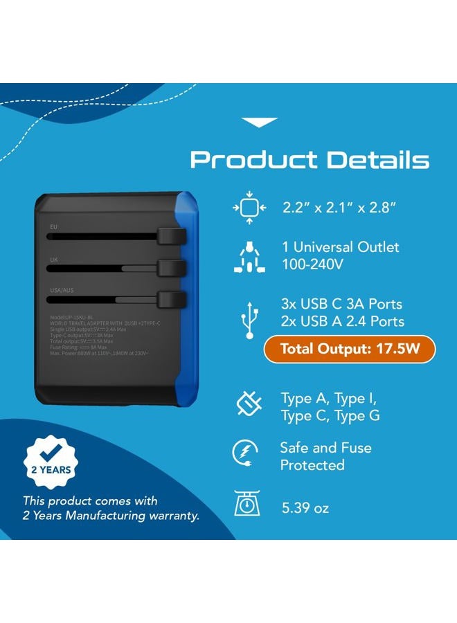 Ceptics Universal Travel Adapter, 5 in 1 Universal Laptop Charger with 2X USB-A & USB-C 3.5A for Mobiles, Laptops, Cameras US, UK, EU, AU, All in 1 Type A, C, G, I Output, - Image 4
