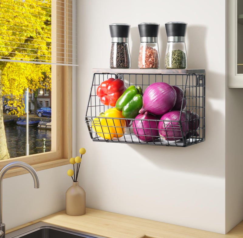 Wawocs Fruit Bowl for Kitchen Counter Stackable Wall Mounted Hanging Basket Wire Basket with Wood Lid with Banana Hanger Hooks  Onion Potato Fruit and Vegetable Storage - Image 2