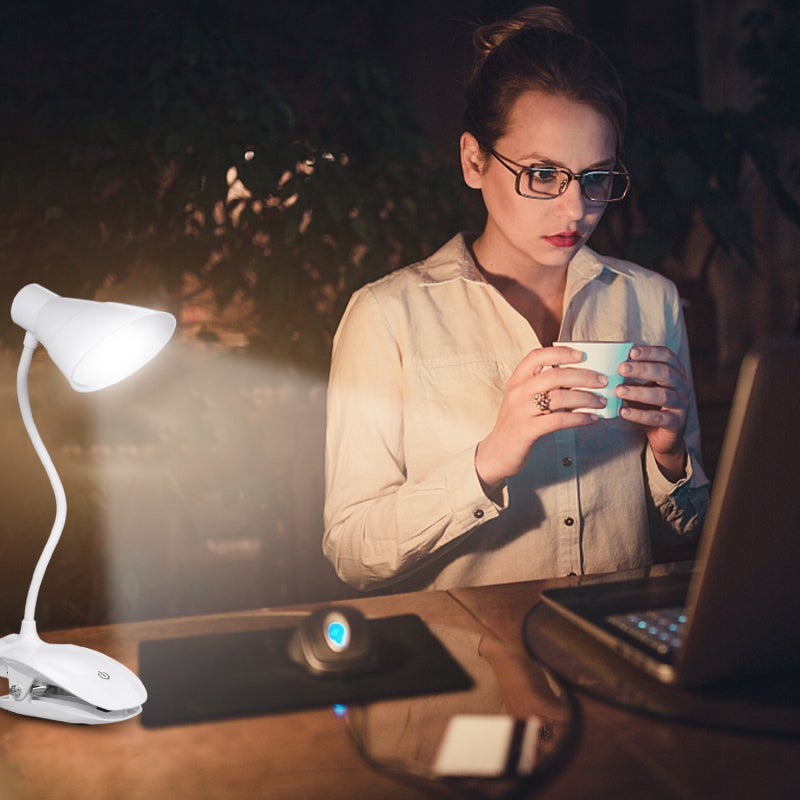 Reading Light: White 2-In-1 Clip & Stand Lamp - 360° Adjustable Arm, 3 Levels Brightness, Eye-Care Flicker-Free Glare-Free Light - USB Rechargeable Portable Lamp for Desk Study Bedside Use - Image 5