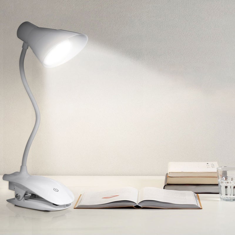 Reading Light: White 2-In-1 Clip & Stand Lamp - 360° Adjustable Arm, 3 Levels Brightness, Eye-Care Flicker-Free Glare-Free Light - USB Rechargeable Portable Lamp for Desk Study Bedside Use - Image 1