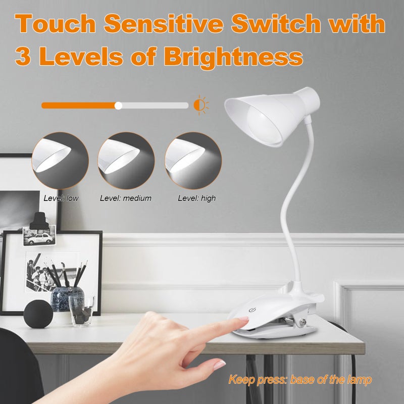 Reading Light: White 2-In-1 Clip & Stand Lamp - 360° Adjustable Arm, 3 Levels Brightness, Eye-Care Flicker-Free Glare-Free Light - USB Rechargeable Portable Lamp for Desk Study Bedside Use - Image 2