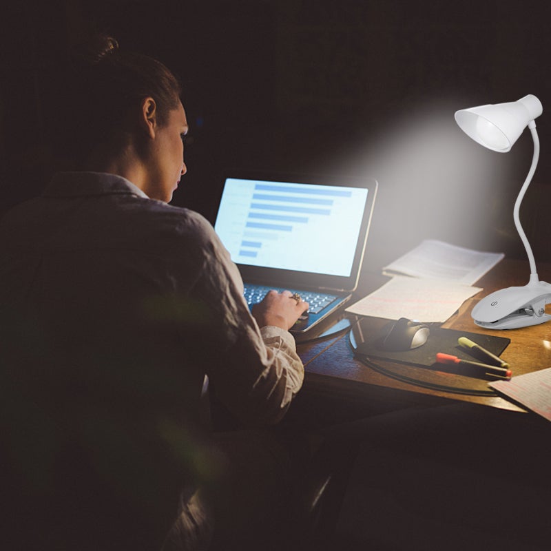 Reading Light: White 2-In-1 Clip & Stand Lamp - 360° Adjustable Arm, 3 Levels Brightness, Eye-Care Flicker-Free Glare-Free Light - USB Rechargeable Portable Lamp for Desk Study Bedside Use - Image 4