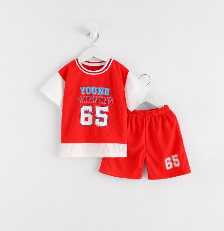 2024 Kids Summer Sports Jersey Set Boys Short Sleeve Vest Shorts PA-06 ball suit red 