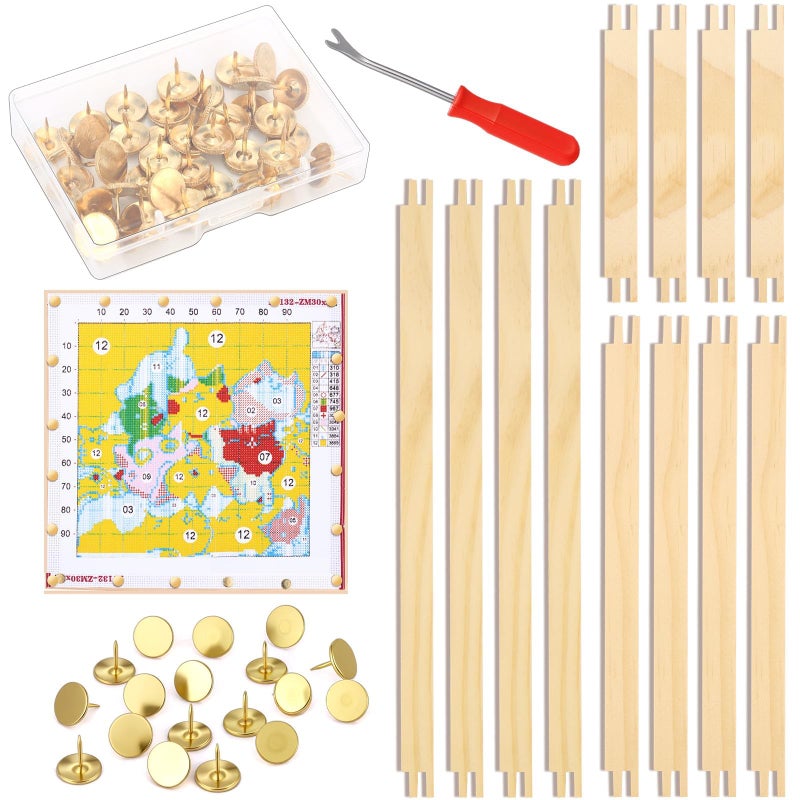 MTWENWENZY 12 PCS Stretcher Bars for Needlework 3 Sizes Wooden Canvas Needlepoint Stretcher Bars with 40 Thumb Tacks and Tacks Remover for Needlepoint Embroidery Stitch Frame Set Bundle with Crafts - Image 1