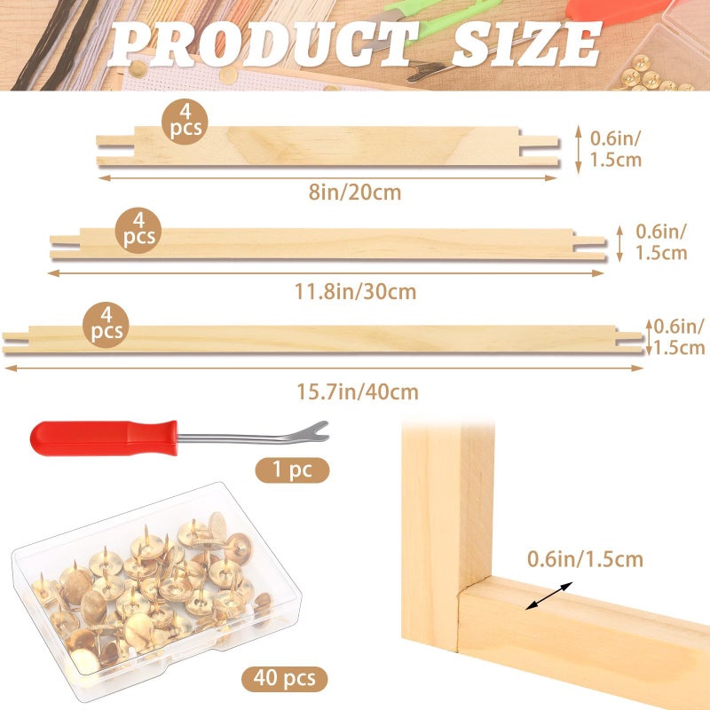 MTWENWENZY 12 PCS Stretcher Bars for Needlework 3 Sizes Wooden Canvas Needlepoint Stretcher Bars with 40 Thumb Tacks and Tacks Remover for Needlepoint Embroidery Stitch Frame Set Bundle with Crafts - Image 2