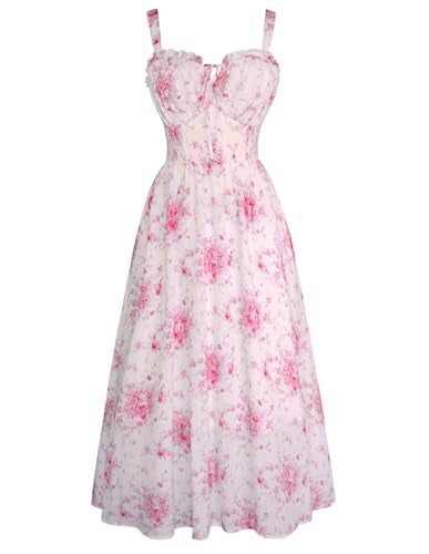 Scarlet Darkness Summer Dresses for Women Floral Midi Dress Boho Beach Flowy Sundress Chiffon Dresses Pink L - Image 1