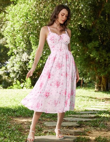 Scarlet Darkness Summer Dresses for Women Floral Midi Dress Boho Beach Flowy Sundress Chiffon Dresses Pink L - Image 3