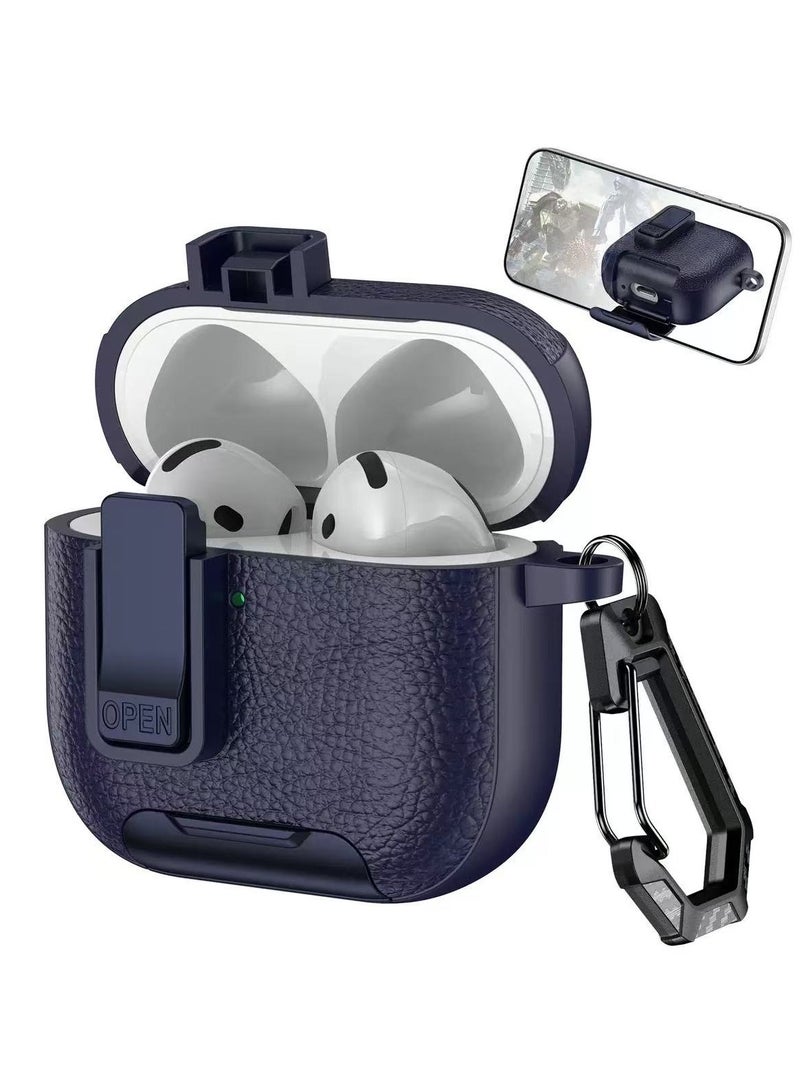 دكينج حوالي برو 3 علبة حماية، مصممة بإبزيم قفل بنسيج جلدي، تأتي مع حزام مفاتيح، مناسبة لغطاء PC TPU لأيربودز برو 3 (أزرق داكن).