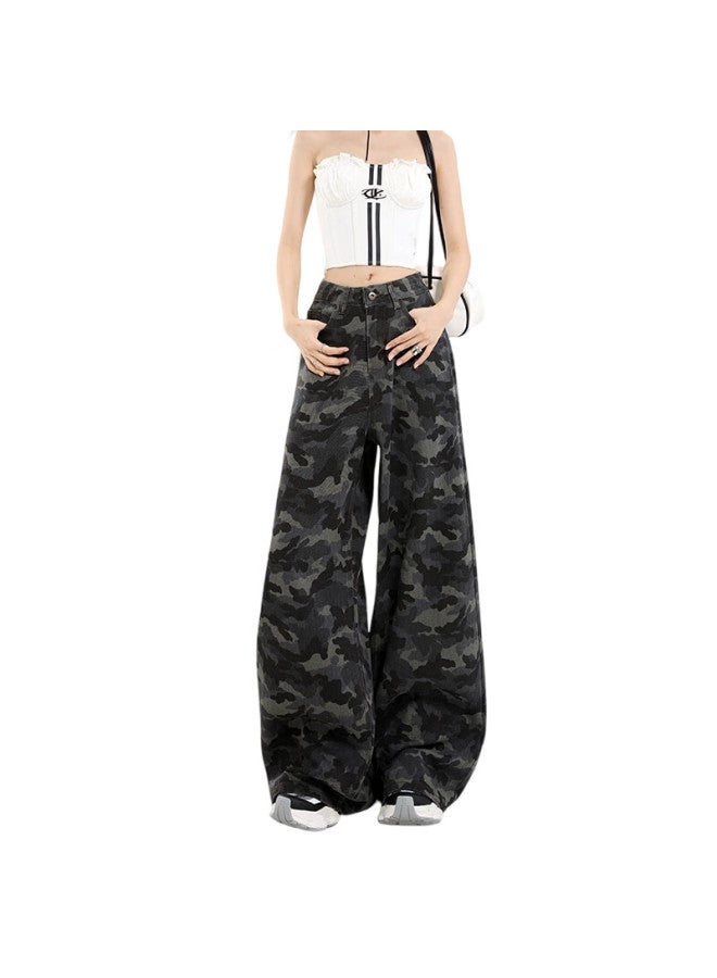 Free Style Camouflage Wide-leg Denim Jeans For Women Autumn New American High Street High Waist Slim Loose Straight-leg Floor-length Pants