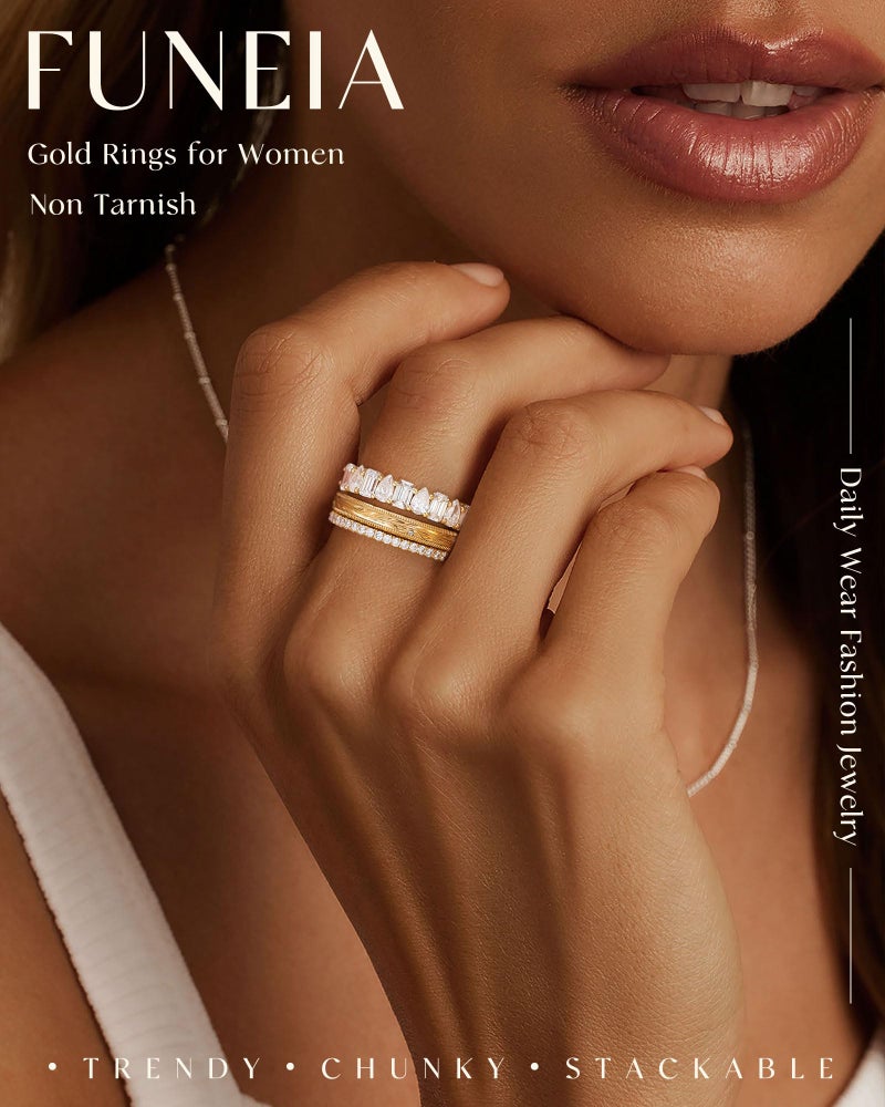 FUNEIA Stackable Gold Rings for Women Non Tarnish Chunky 14K Gold Plated Rings that Don't Tarnish Engagement Cubic Zirconia Ring Set Stack Dainty Pinky Wedding Bands Thumb Rings Gold Jewelry Size 6-11 - Image 2