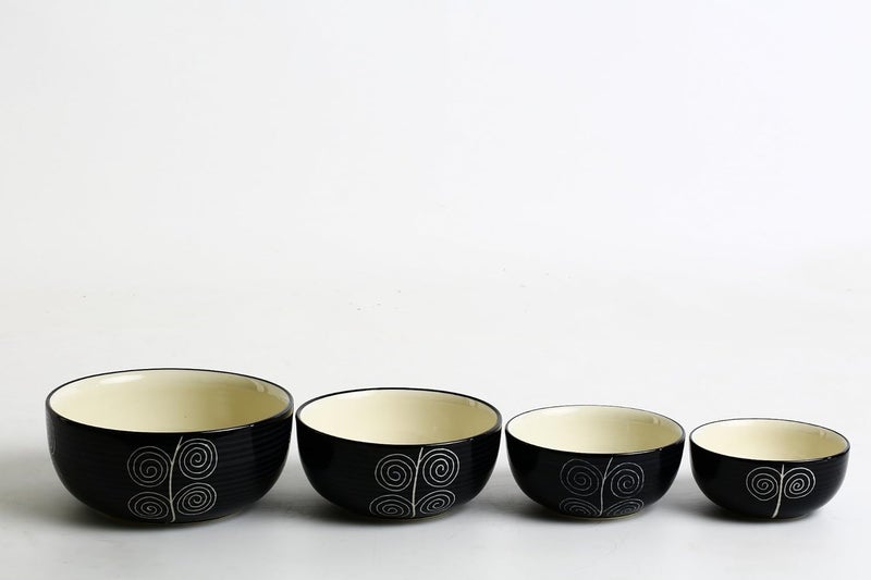Caffeine Ceramic Handmade Black Doodle Serving Bowl Set of 4 - Image 1