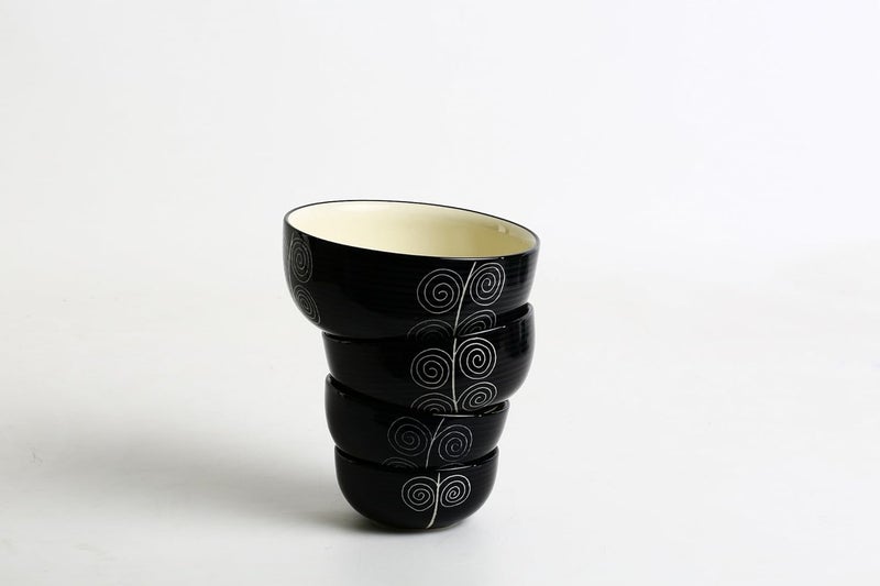 Caffeine Ceramic Handmade Black Doodle Serving Bowl Set of 4 - Image 2