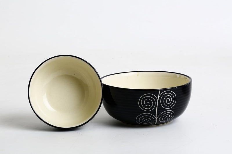 Caffeine Ceramic Handmade Black Doodle Serving Bowl Set of 4 - Image 3