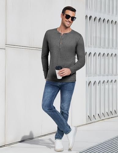 PEGENO Men's Casual Slim Fit Long Sleeve Henley T-Shirts Cotton Shirts (US Medium, A3 Dark Gray) - Image 5