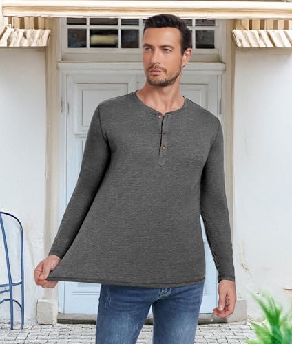 PEGENO Men's Casual Slim Fit Long Sleeve Henley T-Shirts Cotton Shirts (US Medium, A3 Dark Gray) - Image 4