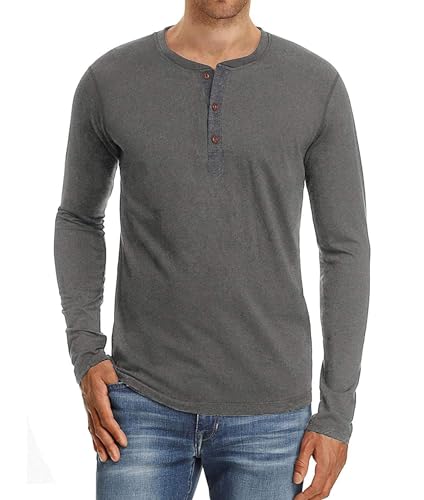 PEGENO Men's Casual Slim Fit Long Sleeve Henley T-Shirts Cotton Shirts (US Medium, A3 Dark Gray) - Image 1