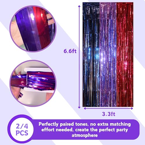 Vagilelf 2 Pack Purple Blue and Red Foil Fringe Curtains for K-pop Themed Birthday, 3.3x6.6 ft Tinsel Backdrop for Demon Hunting Party Decorations – Extra Wide Adhesive Tape & Reusable Thick Streamers - Image 2