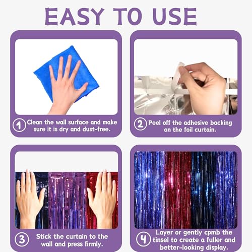 Vagilelf 2 Pack Purple Blue and Red Foil Fringe Curtains for K-pop Themed Birthday, 3.3x6.6 ft Tinsel Backdrop for Demon Hunting Party Decorations – Extra Wide Adhesive Tape & Reusable Thick Streamers - Image 5