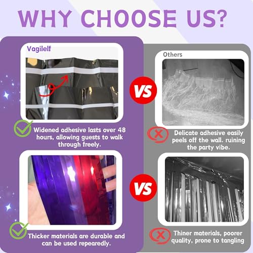 Vagilelf 2 Pack Purple Blue and Red Foil Fringe Curtains for K-pop Themed Birthday, 3.3x6.6 ft Tinsel Backdrop for Demon Hunting Party Decorations – Extra Wide Adhesive Tape & Reusable Thick Streamers - Image 3