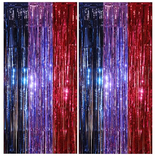 Vagilelf 2 Pack Purple Blue and Red Foil Fringe Curtains for K-pop Themed Birthday, 3.3x6.6 ft Tinsel Backdrop for Demon Hunting Party Decorations – Extra Wide Adhesive Tape & Reusable Thick Streamers - Image 1