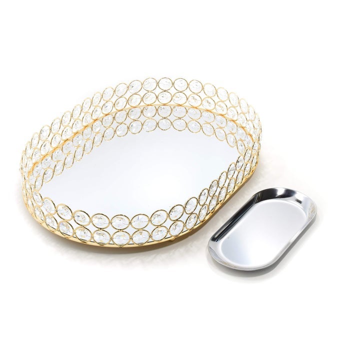 CRYSTAL VANITY TRAY DECORATIVE MIRRORED DRESSER PERFUME TRAYS FOR MAKEUP COSMETIC STORAGE JEWELRY TRINKET STORAGE ORGANIZER FOR BATHROOM COUNTERTOP HOME DCOR OVAL 14X10IN GOLD