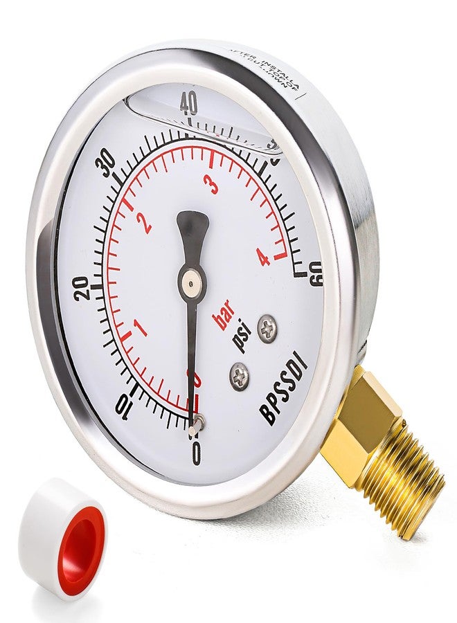 مقياس ضغط BPSSDI من 0 إلى 60 رطل لكل بوصة مربعة، مملوء بالجلسرين، قرص بقطر 2.5 بوصة، وصلة سفلية NPT مقاس 1/4 بوصة، غلاف من الفولاذ المقاوم للصدأ، لمنظمات الضغط الهوائي، ضواغط الهواء، منظمات ضغط المركبات الترفيهية، واختبار ضغط الماء - Image 1
