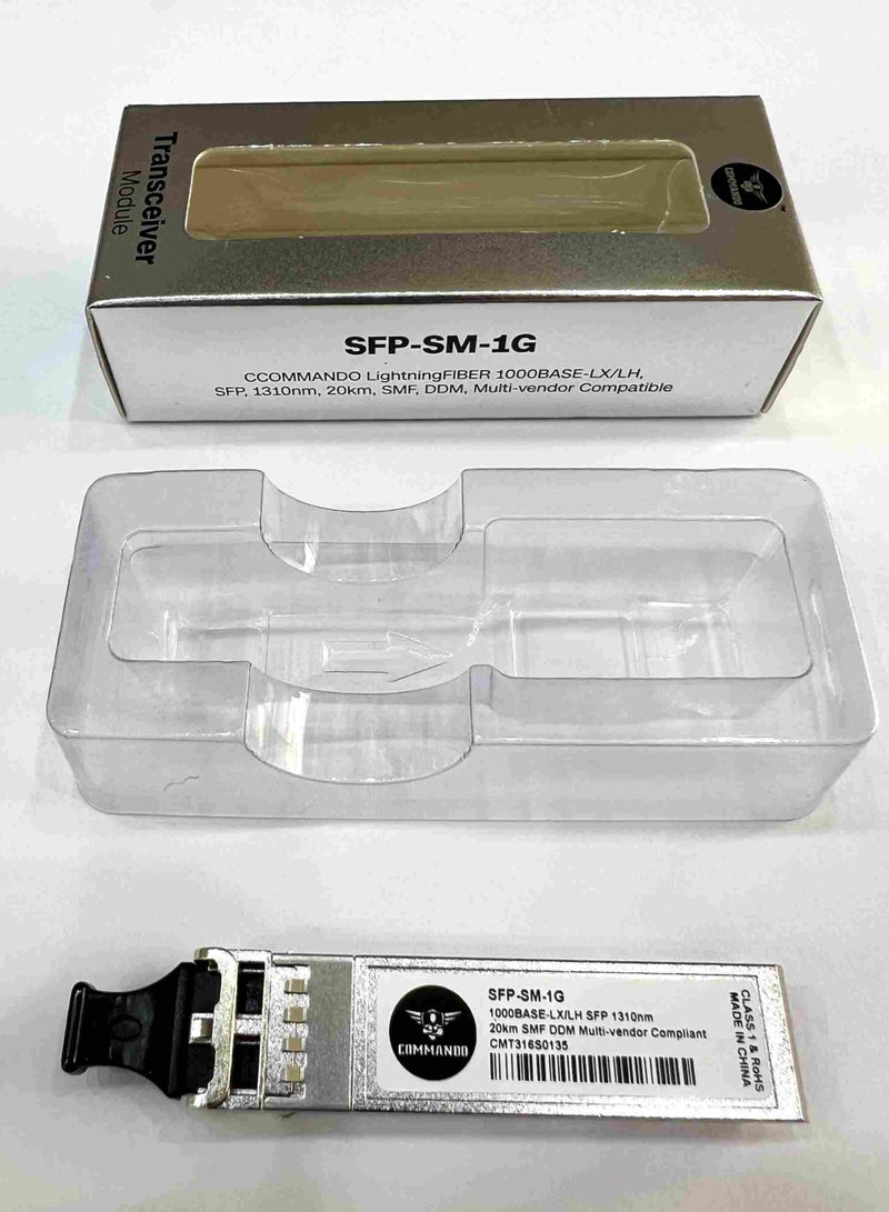 COMMANDO 1G SFP SMF 20KM 1310nm Multi-vendor Compatible Transceiver Module - Single Mode 1000BASE-LX/LH, SFP, DDM - Hot Swappable - Cisco GLC-LH-SMD, Huawei, Ubiquiti, D-Link, TP-Link, MikroTik - SFP-SM-1G - Image 1