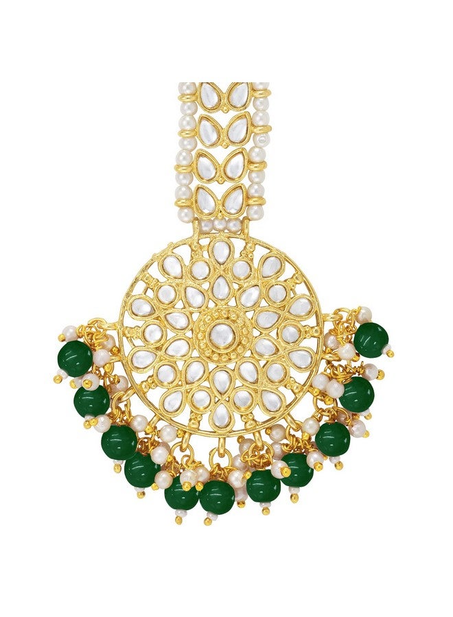 Peora Gold Plated Indian Traditional Wedding Kundan Green Pearl Maang Tikka for Women Girls - Image 1