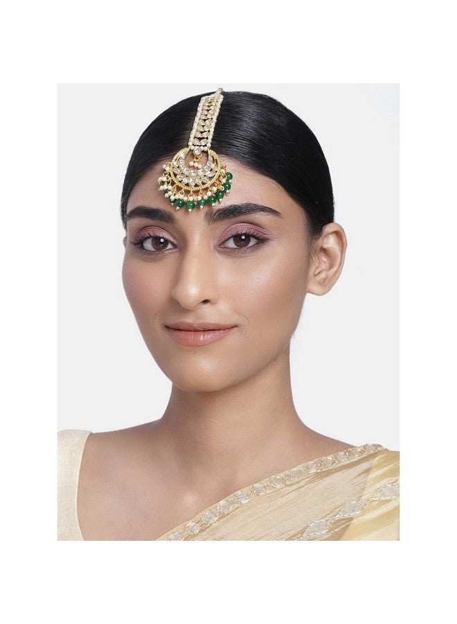 Peora Gold Plated Indian Traditional Wedding Kundan Green Pearl Maang Tikka for Women Girls - Image 2