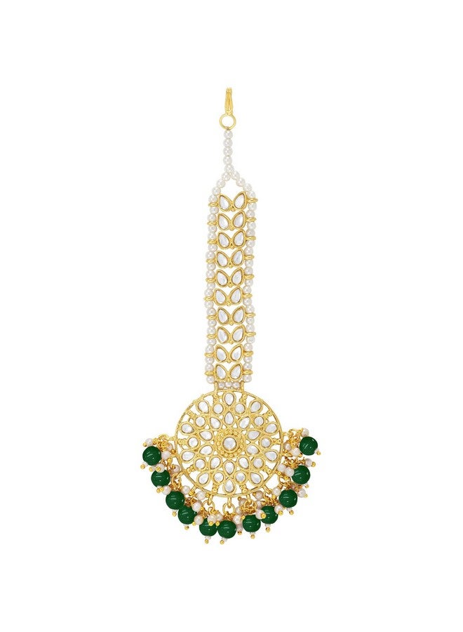 Peora Gold Plated Indian Traditional Wedding Kundan Green Pearl Maang Tikka for Women Girls - Image 3