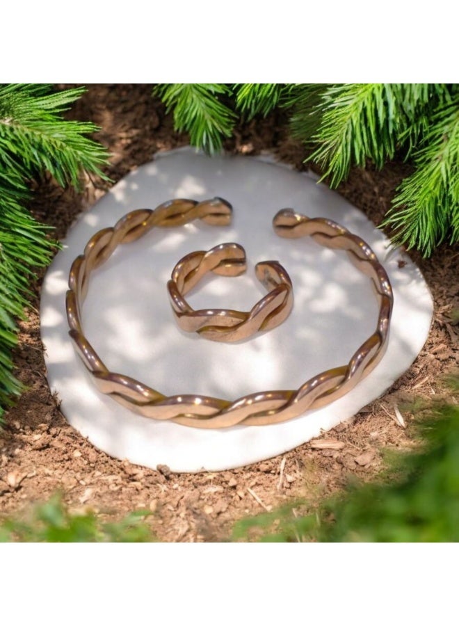 Half set of braided bracelet and ring made of pure red copper - Image 1