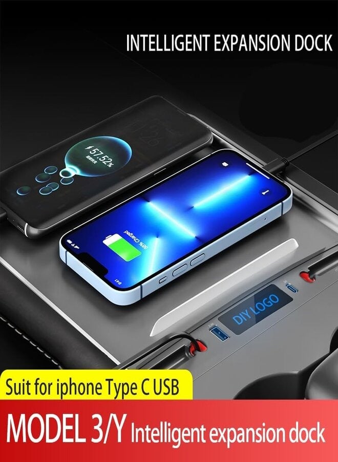 Logo Retractable Hub Docking Station Car USB Charger for Tesla Model 3Y for Tesla Model 3Y Accessories Car Fast Charger for Tesla1 Lightning 1 Type-C - Image 2