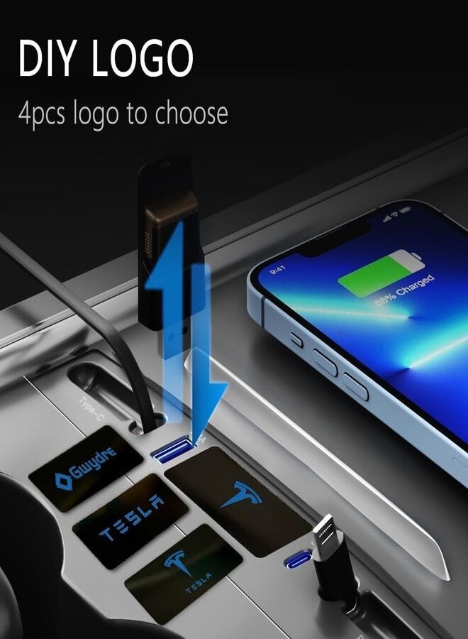 Logo Retractable Hub Docking Station Car USB Charger for Tesla Model 3Y for Tesla Model 3Y Accessories Car Fast Charger for Tesla1 Lightning 1 Type-C - Image 3