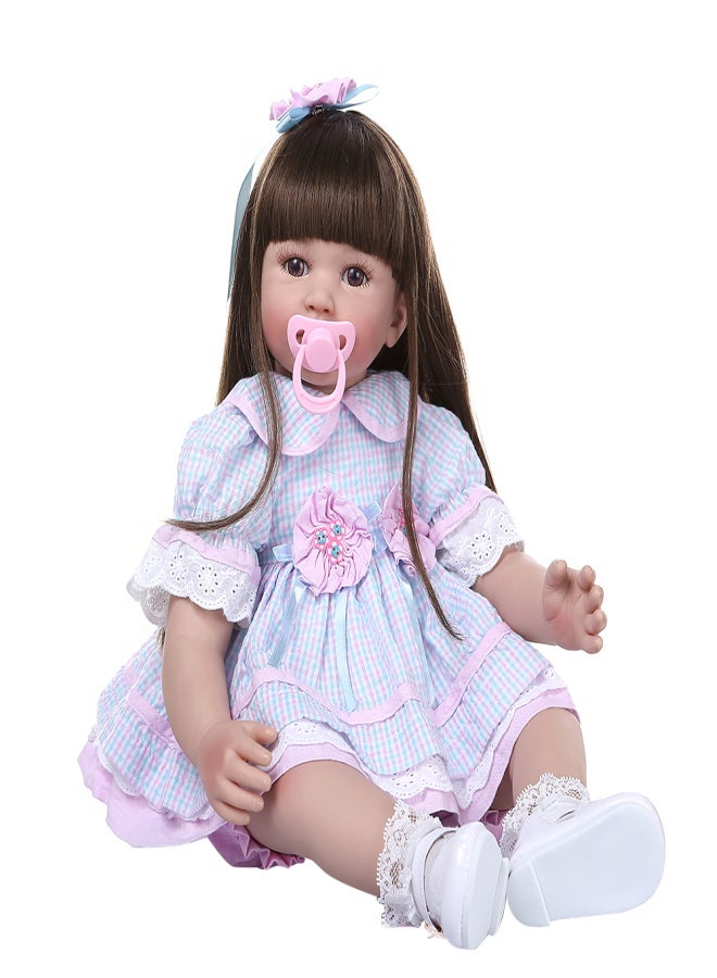 Decdeal 24 inch Reborn Baby Doll Lifelike Baby Accompany Dolls Silicone Vinyl& Cotton Body Toddlers Gifts with Pink& Blue Plaid Dress - Image 2